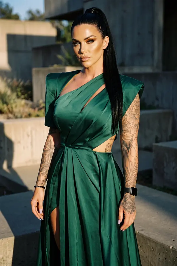 Woman in an emerald satin gown with padded shoulders, cut-outs and a pleated side-slit skirt in a concrete garden