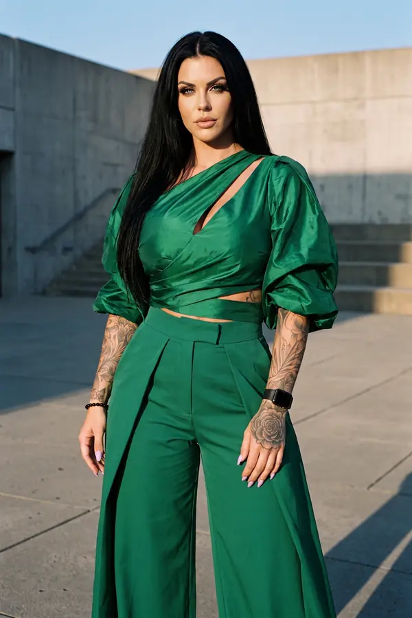 Woman in an emerald taffeta puff-sleeve crop top and matching pleated wide-leg trousers on a concrete plaza at sunset