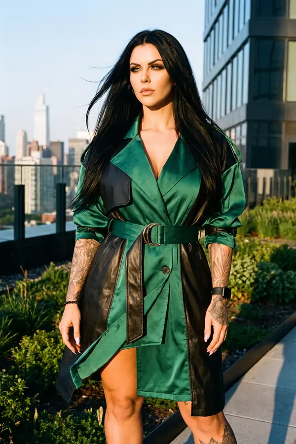 in motion: Emerald satin and black leather trench worn as a dress