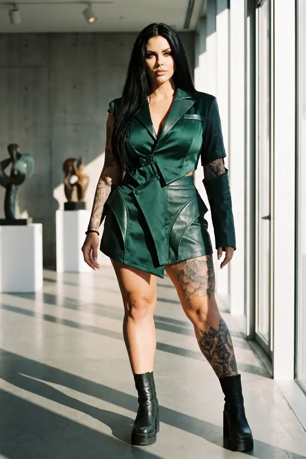 Woman in a cropped emerald satin and leather blazer, matching leather mini skirt and platform boots in a sunlit gallery
