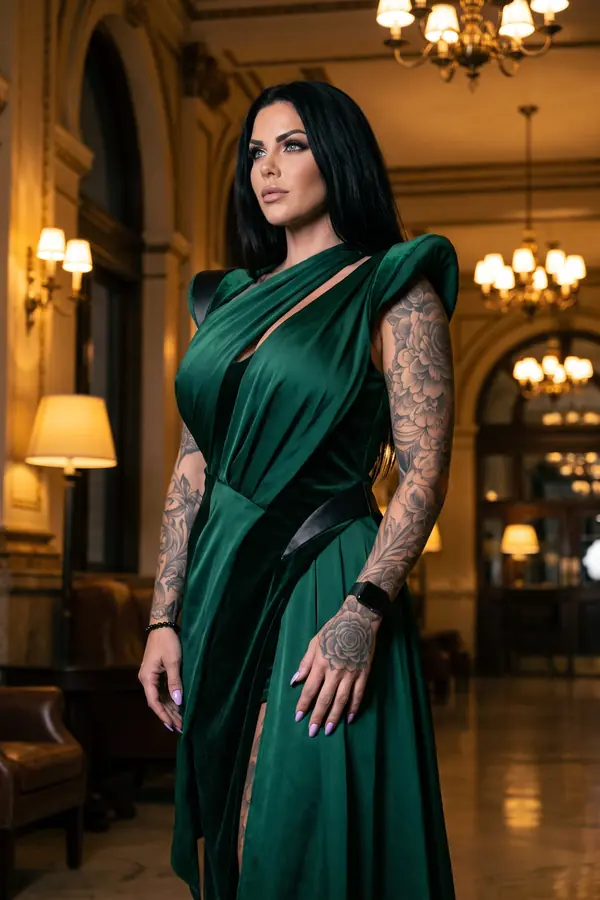 Woman in an emerald satin and velvet gown with a sculpted shoulder and black leather straps in a grand hotel lobby
