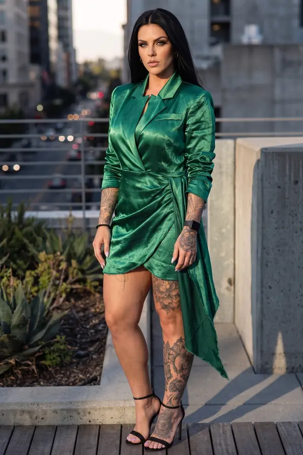 Woman in a short emerald satin blazer dress with raw draped hem and black ankle-strap sandals on a terrace at dusk