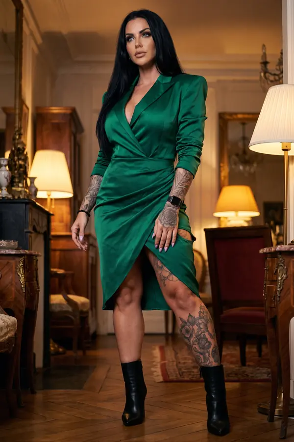 Woman in an emerald green satin blazer dress with a front slit and black leather ankle boots standing in a lamp-lit apartment