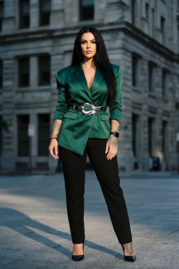 Woman in an emerald satin blazer with a silver buckle belt, black slim trousers and pointed pumps on a stone city street