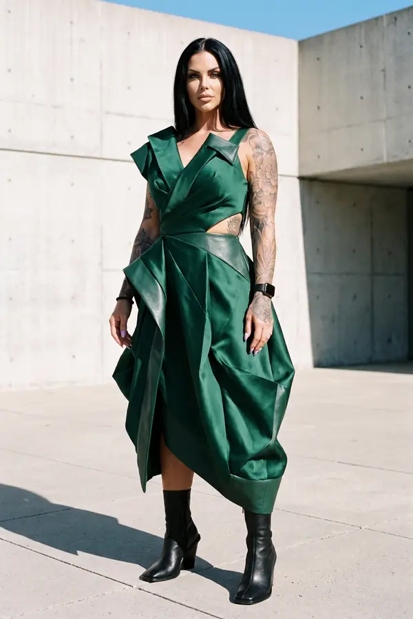 Woman in an emerald satin draped midi dress with leather trim and black square-toe ankle boots in a concrete courtyard