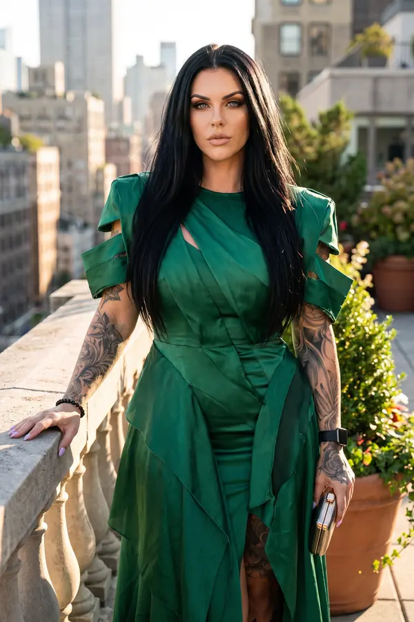 Woman in an emerald satin dress with cut-out bar sleeves and chiffon overlay panels on a rooftop balustrade above a city