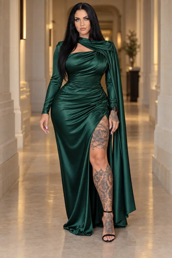 Woman in a long-sleeved emerald satin gown with a draped scarf cape and a high side slit in a hotel corridor