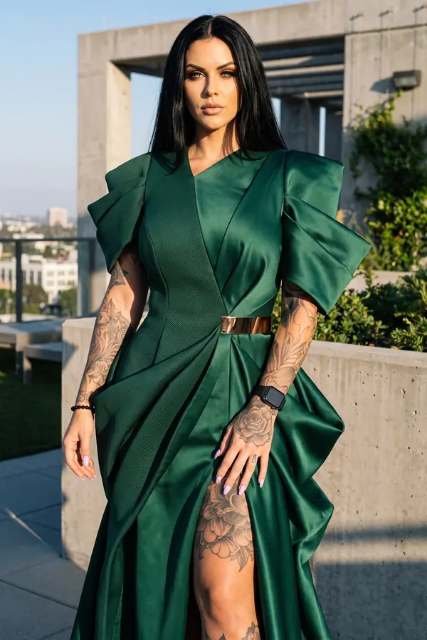 Woman in an emerald satin gown with sculpted short sleeves, a bronze waist plate and a high side slit on a concrete terrace