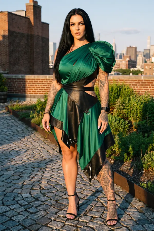 Woman in an emerald satin one-shoulder mini dress with a black leather corset panel standing on a cobbled rooftop garden