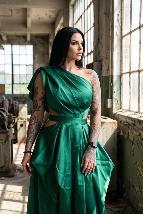 Woman in an emerald satin one-shoulder gown with waist cut-outs standing by tall factory windows