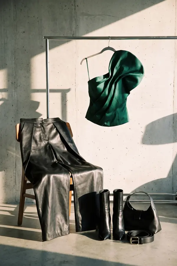still life: Emerald satin one-shoulder top and leather wide-leg trousers