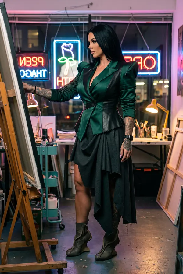 Woman in an emerald satin and leather peplum blazer and a charcoal draped wool skirt at an easel in a studio lit by neon