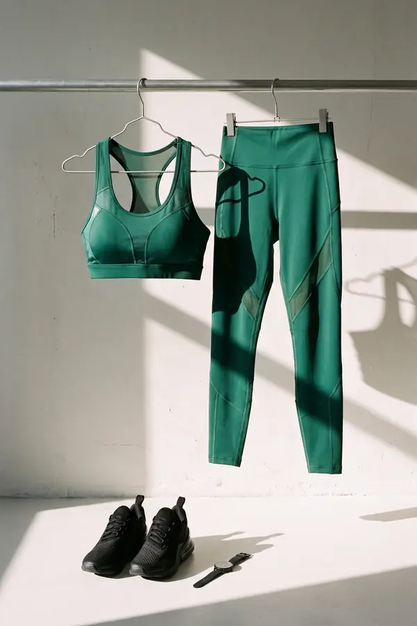 still life: Emerald sports top and leggings with mesh insets