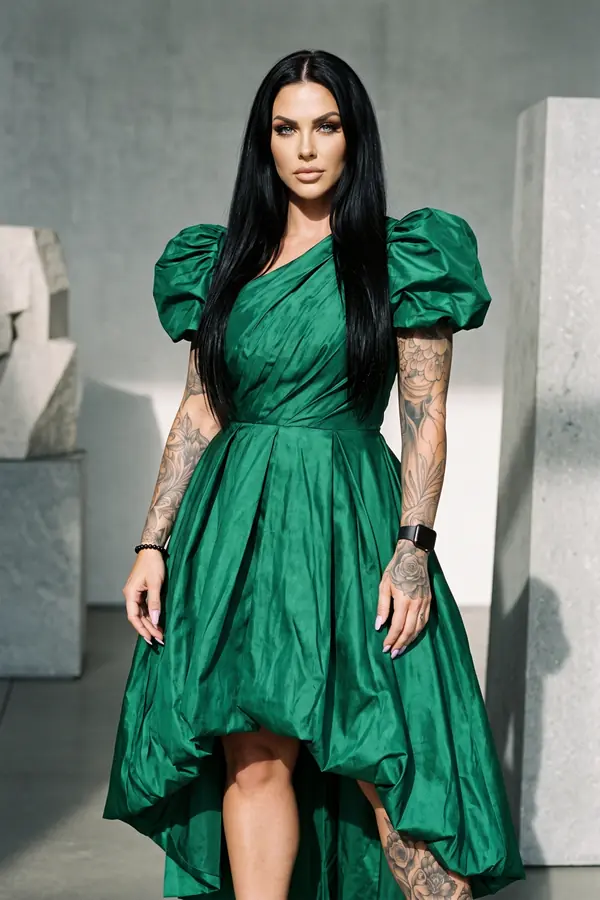 Woman in an emerald taffeta dress with short puff sleeves and a pleated bubble high-low hem in a concrete gallery