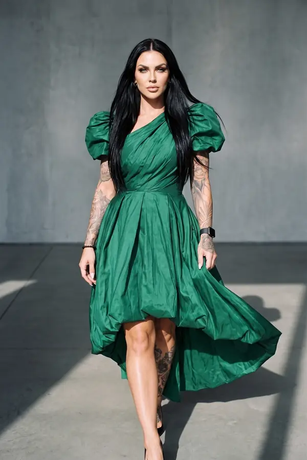 in motion: Emerald taffeta puff-sleeve dress with bubble high-low hem