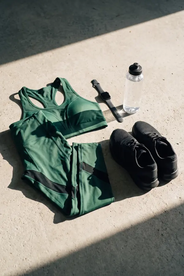 still life: Forest-green mesh-front sports top and banded leggings