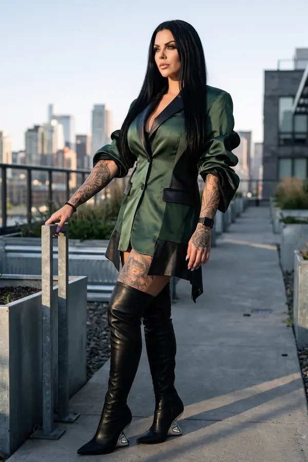 Woman in a forest green satin blazer dress with black leather trims and over-the-knee boots on a rooftop walkway