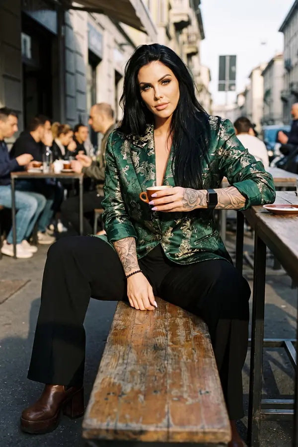 Woman in an open green and gold brocade blazer and black wide-leg trousers seated at a street café with an espresso