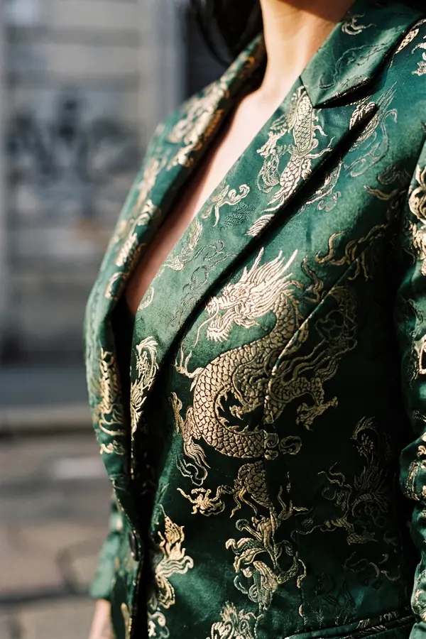 detail: Green and gold brocade blazer with black wide-leg trousers