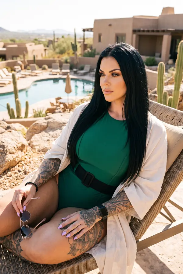 Woman in a green belted swimsuit and a natural linen kimono seated on a woven lounger above a desert pool