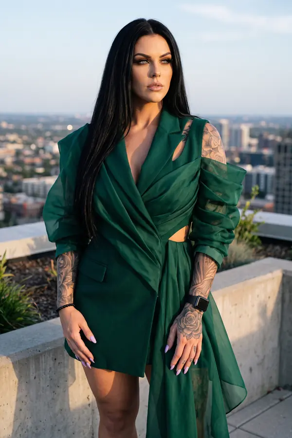Woman in a deep green blazer dress with organza sleeves and a side train on a rooftop at dusk