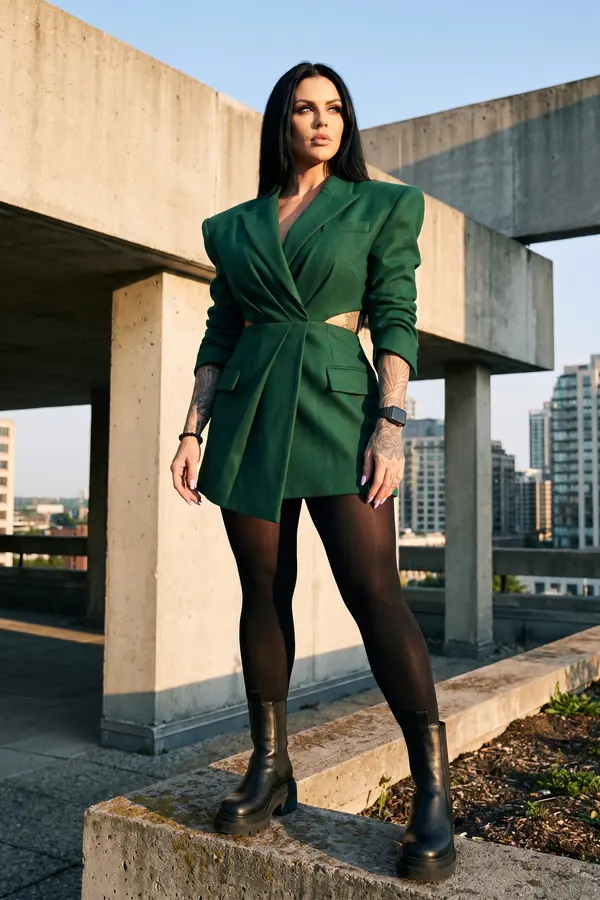Woman in a forest green wool blazer dress with side cut-outs, black tights and chunky chelsea boots on a concrete rooftop