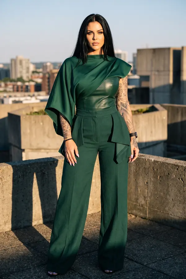 Woman in a forest green satin cape-sleeve top with leather corset panel and matching wide-leg trousers on a concrete rooftop