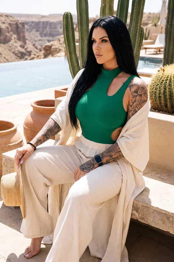 Woman in a green keyhole bodysuit, natural linen wide-leg trousers and a linen kimono seated by a desert pool with cacti