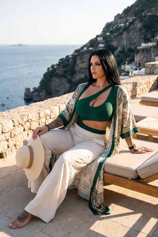 Woman in a green one-shoulder bodysuit, linen trousers and a paisley satin kimono seated on a sunbed above the sea
