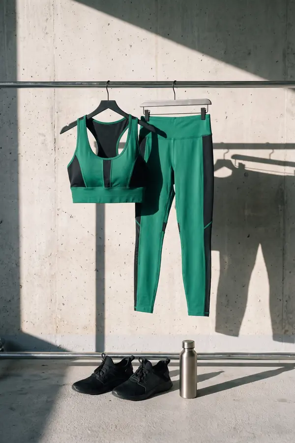 still life: Green sports top and leggings with black mesh panels