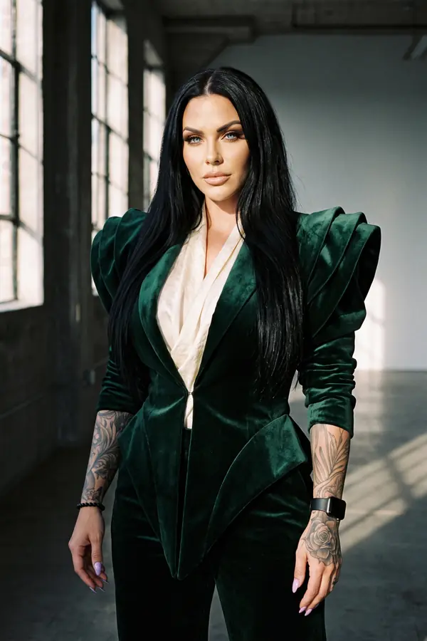 full look: Green velvet suit with sculpted shoulders and ivory blouse