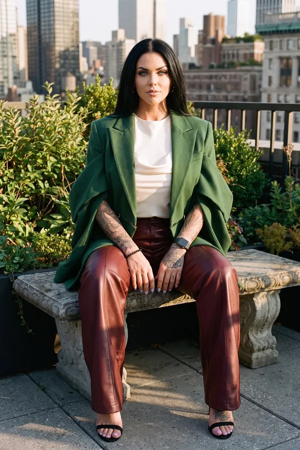 Woman in an oversized green wool blazer, ivory satin cami and burgundy leather trousers seated on a rooftop garden bench