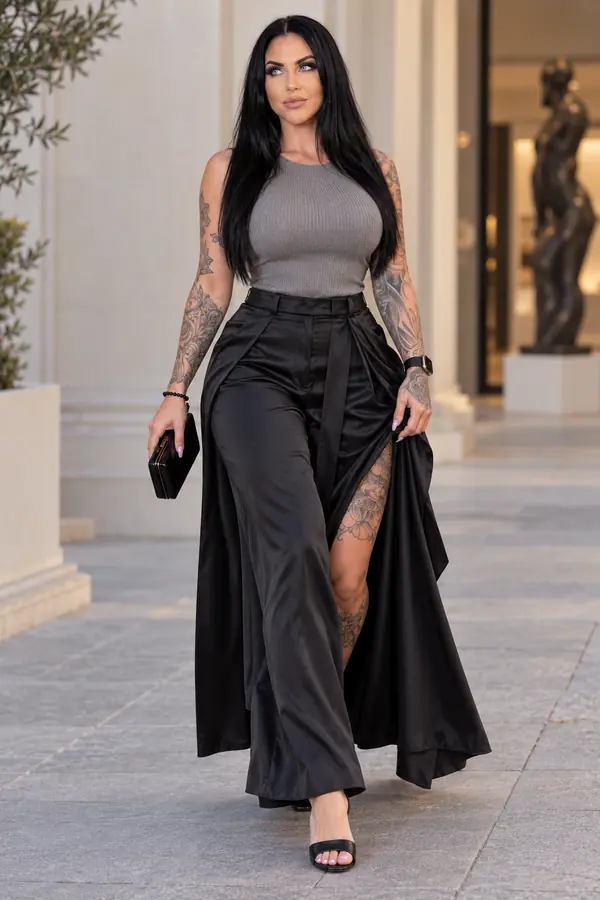 Woman in a grey ribbed tank and black satin wide-leg trousers with a tied overskirt walking through a marble colonnade