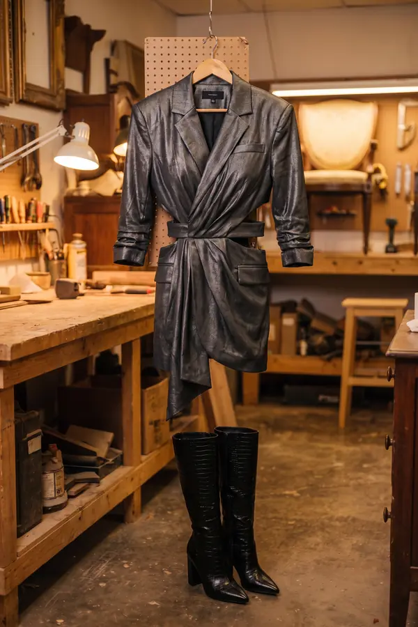 still life: Gunmetal metallic blazer dress with croc knee boots
