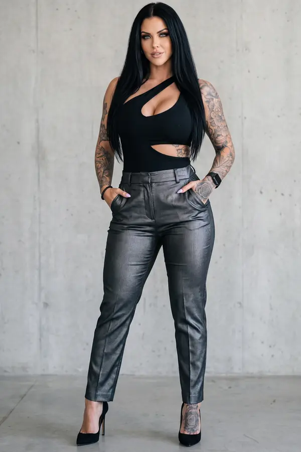 Woman in gunmetal metallic tapered trousers and a black one-shoulder cut-out bodysuit with pumps against a concrete wall