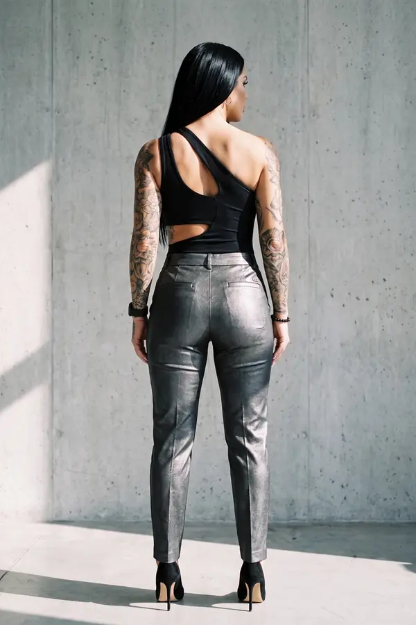 back & profile: Gunmetal metallic tapered trousers with a cut-out bodysuit