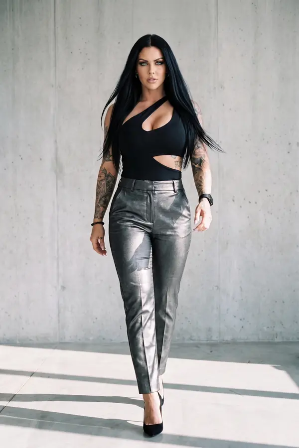 in motion: Gunmetal metallic tapered trousers with a cut-out bodysuit