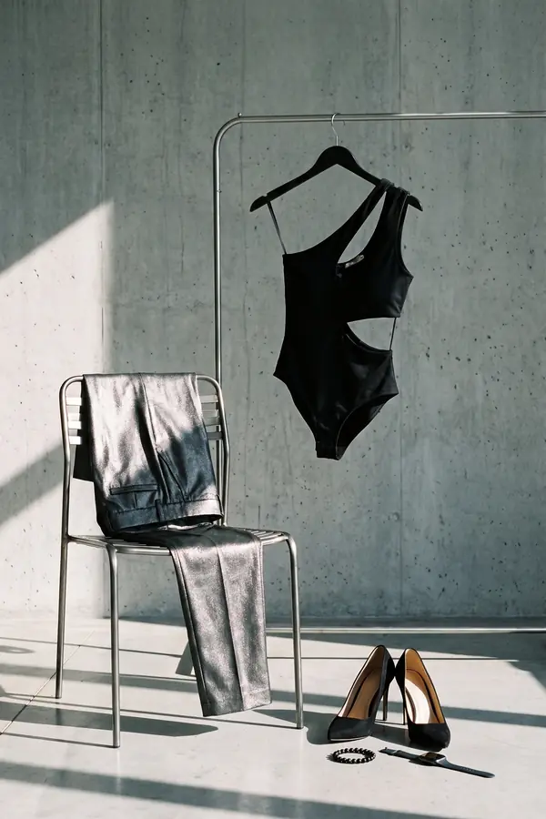 still life: Gunmetal metallic tapered trousers with a cut-out bodysuit