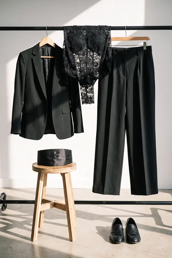 still life: High-neck lace top, wide-leg trousers and a cummerbund