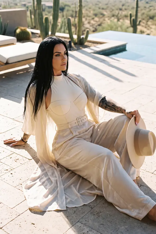 Woman in an ivory bustier top, satin wide-leg trousers and a long chiffon kimono sitting on a desert terrace with a hat