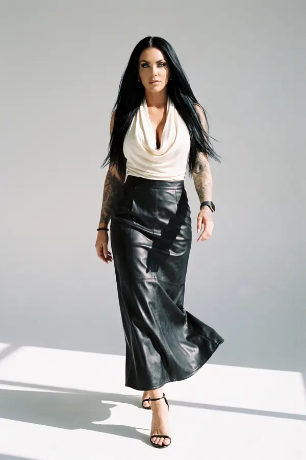 in motion: Ivory cowl halter top with a black leather maxi skirt