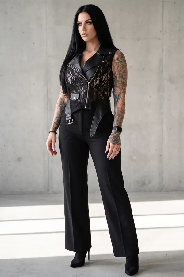 Woman in a black lace and leather biker vest with wide-leg trousers standing by a concrete wall, looking away