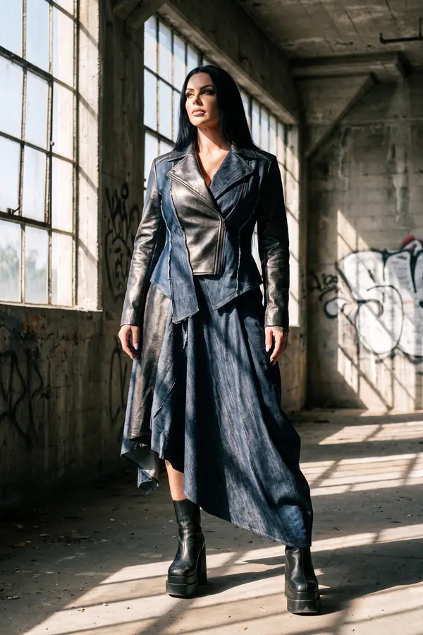 Woman in a denim and gunmetal leather biker jacket, asymmetric denim skirt and platform boots in a derelict hall