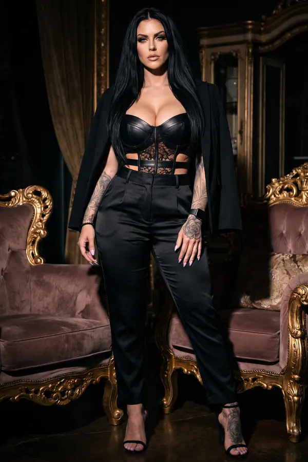 full look: Leather and lace bustier with satin trousers and blazer