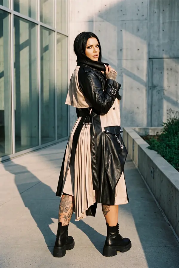 Woman seen from behind in a black leather and champagne satin trench coat with a pleated panel and combat boots