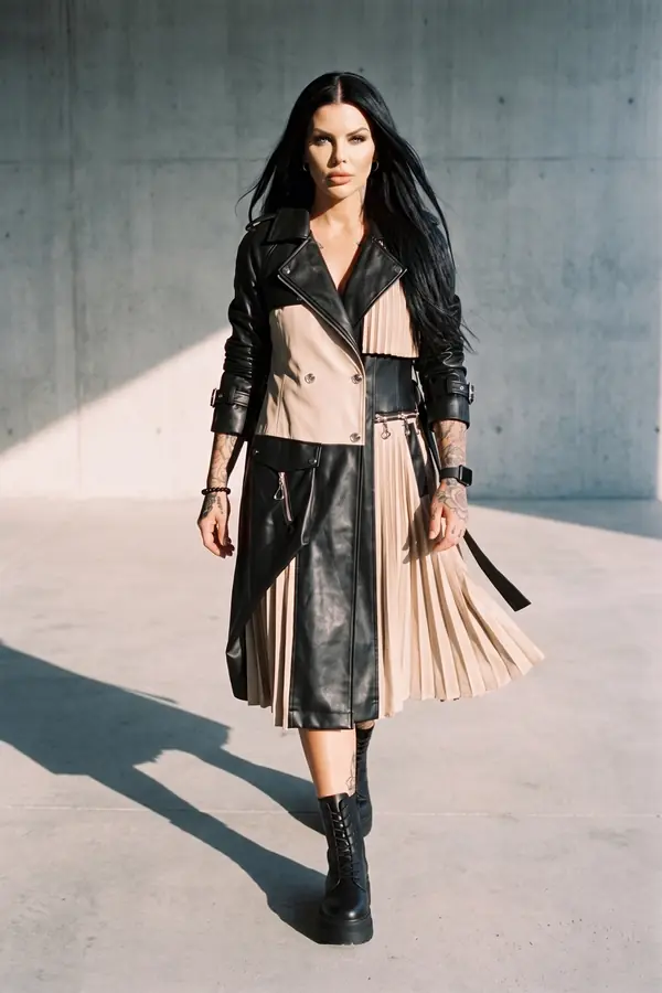 in motion: Leather and satin trench coat with a pleated back panel