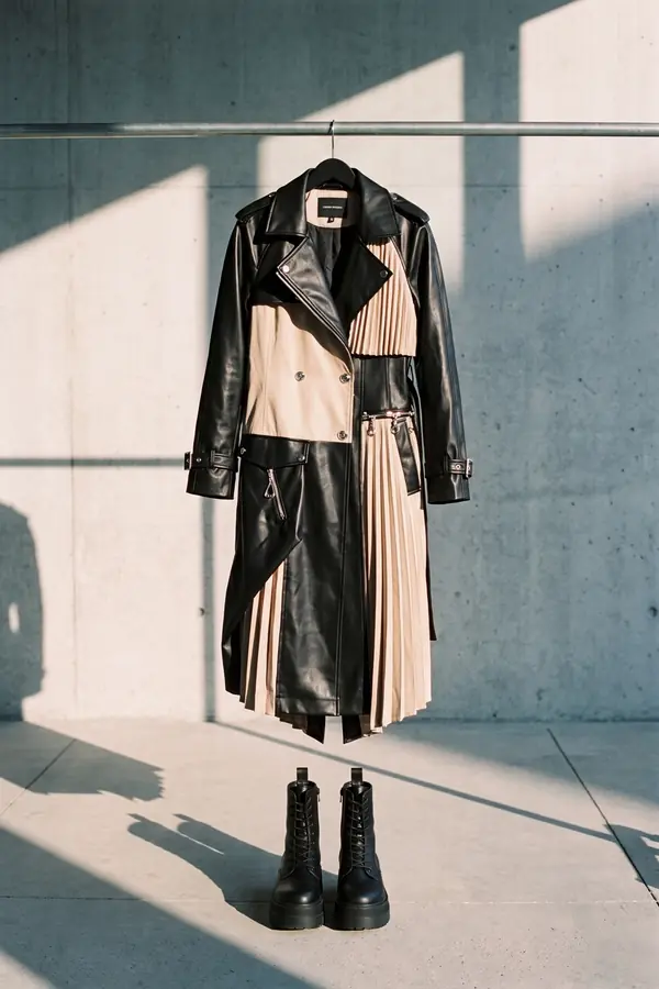still life: Leather and satin trench coat with a pleated back panel