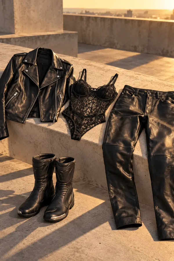 still life: Leather biker jacket, lace bustier and leather trousers