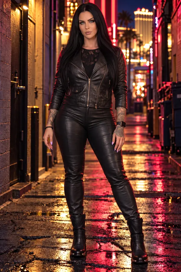 full look: Leather biker jacket, lace bustier and leather trousers