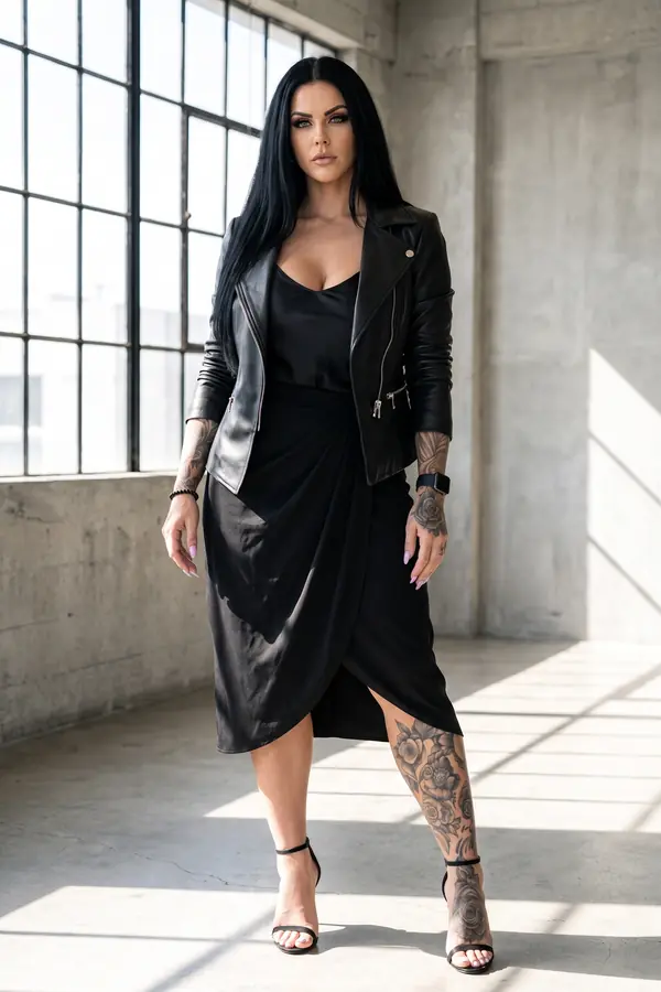 full look: Leather biker jacket with satin cami and draped wrap skirt
